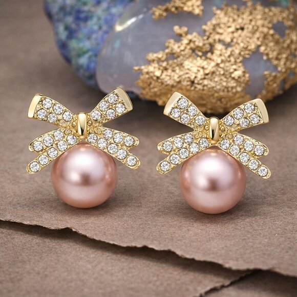 NKULTD Jewelry - Coquette Pink Pearl Bow Earrings Gold Crystal Ribbon Studs Dainty Balletcore